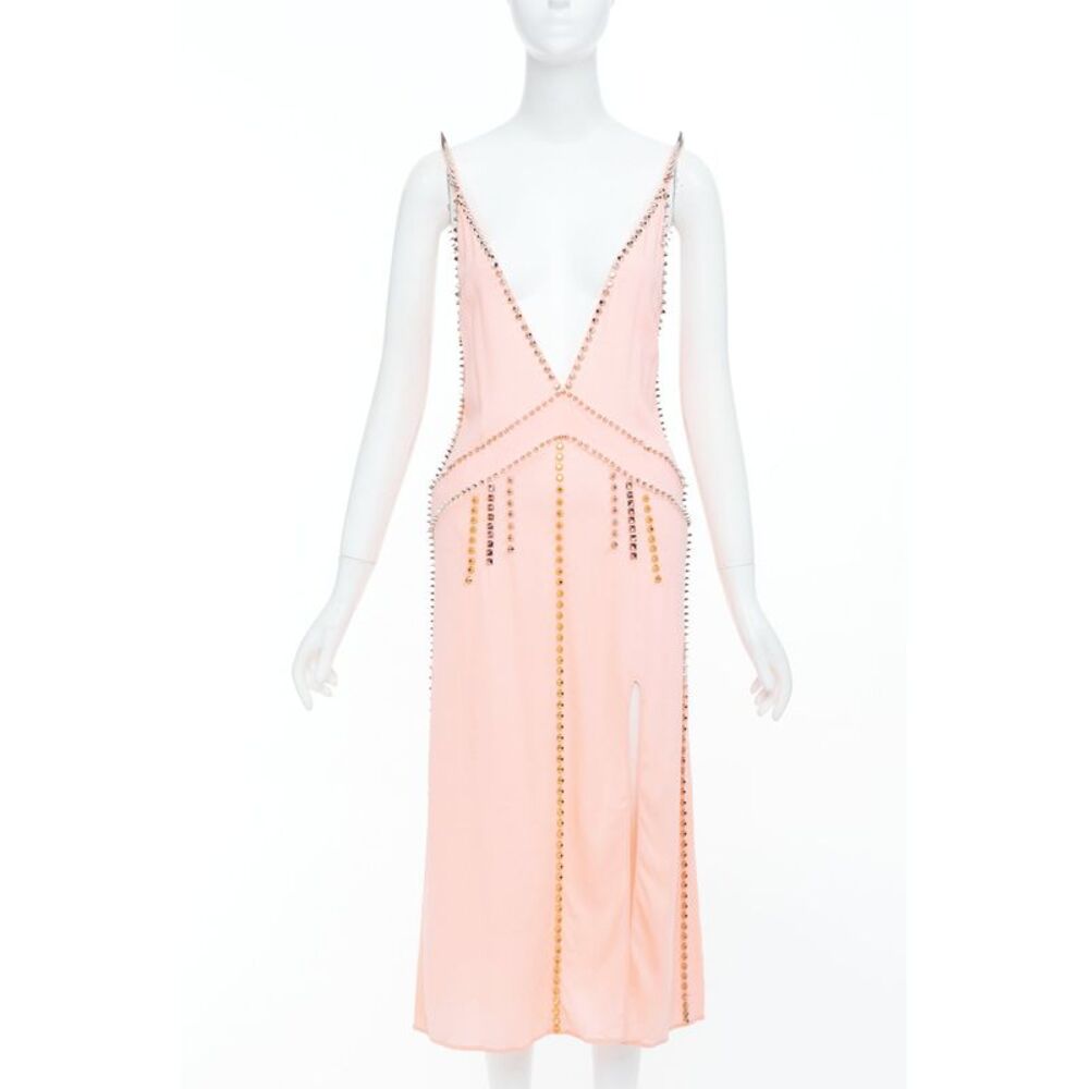 Miu Miu 2021 Pink Punk Spike Studded Plunge Neck Dress